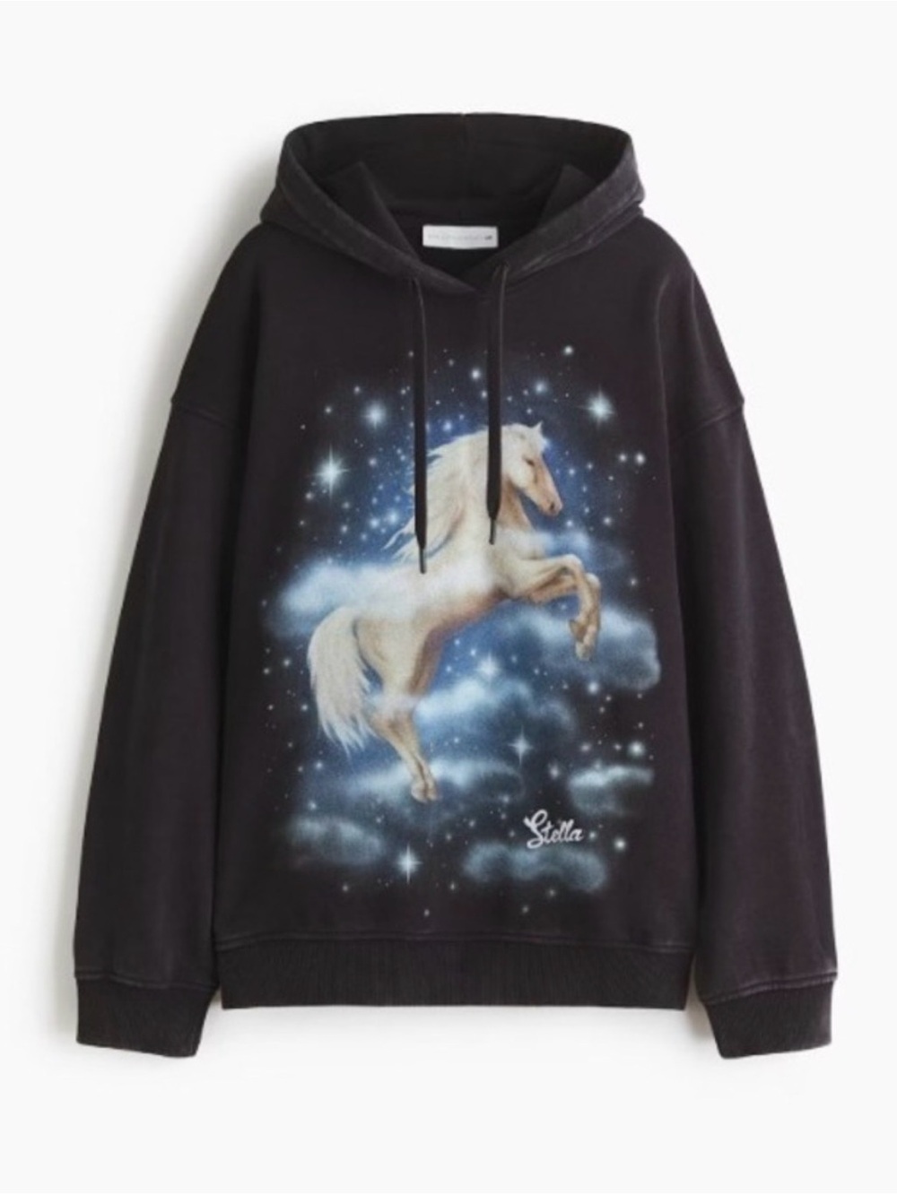 H&M Black Hoodie with White Unicorn and Blue Star Cloud Graphic